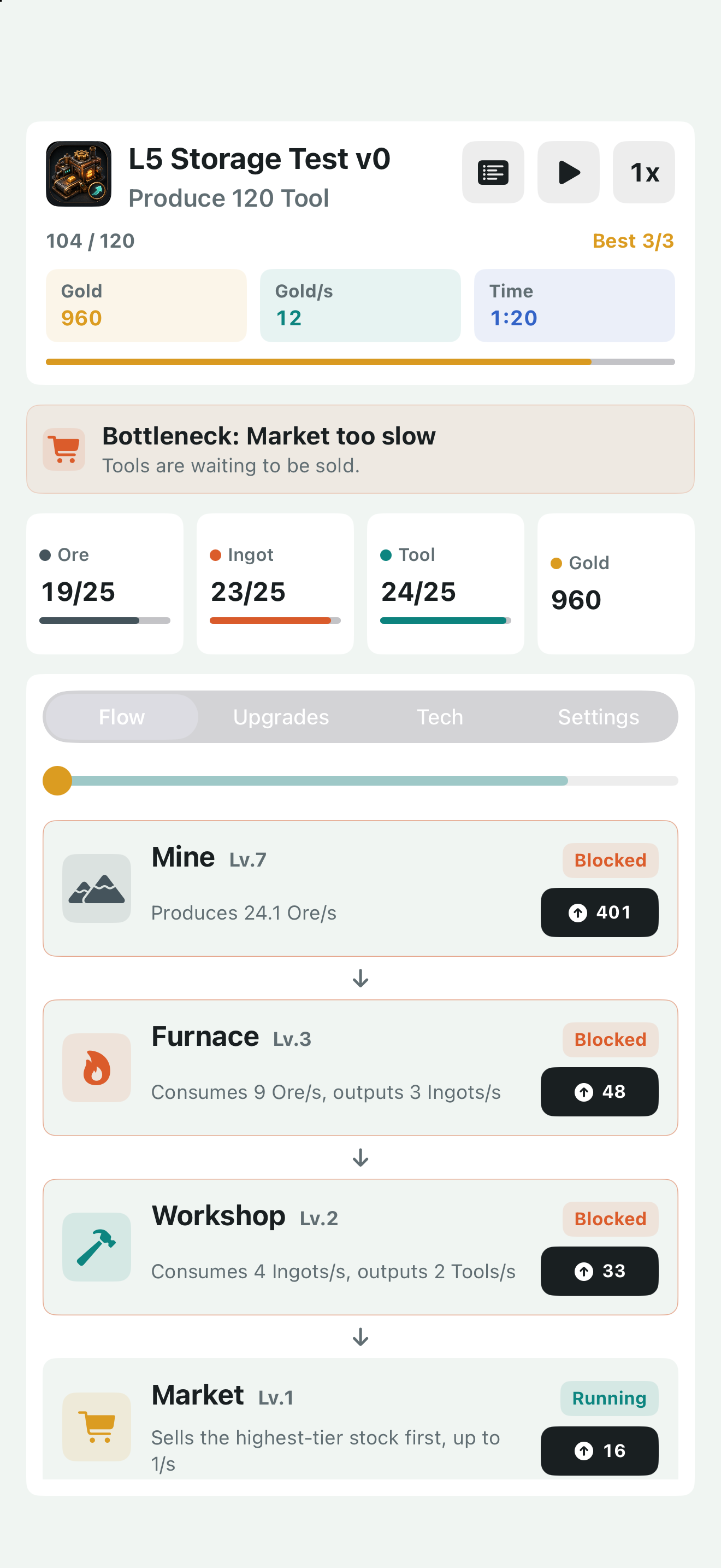 Automatic Idle iOS gameplay screenshot showing a workshop production chain